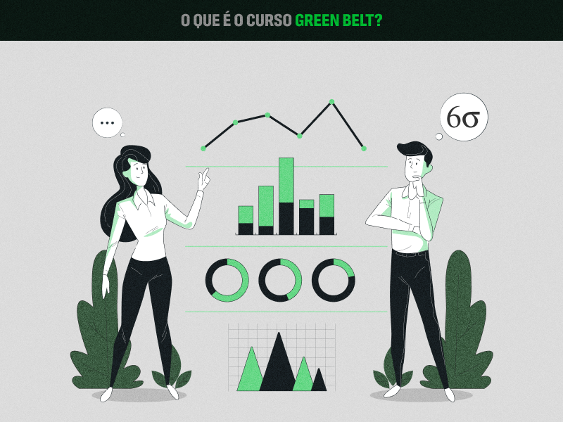 o que e o curso green belt lean six sigma ilustração de 2 pessoas conversando e interagindo com alguns gráficos
