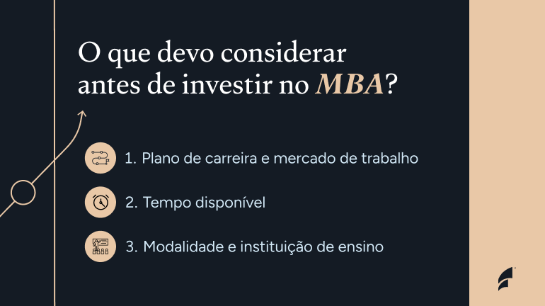 O que devo considerar antes de investir no MBA? Plano de carreira e mercado de trabalho, Tempo disponível e Modalidade e instituição de ensino