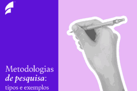 Mão segurando uma caneta com fundo roxo e texto sobre pesquisa