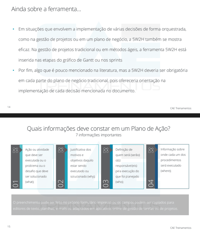 imagem de dois slides da apostila de plano de ação 5w2h