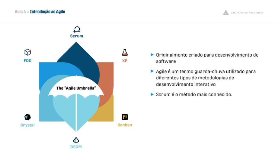 imagem que mostra the "agile umbrella" e frameworks de gestão ágil como crystal, kanban, xp, entre outros.